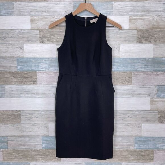 LOFT Ponte Pocketed Sheath Dress Black Exposed Zipper Stretch Womens 0P 0 Petite - Picture 1 of 8